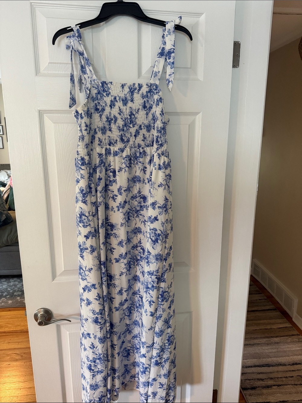 White Maxi Dress with Blue Floral Print and Tie Straps